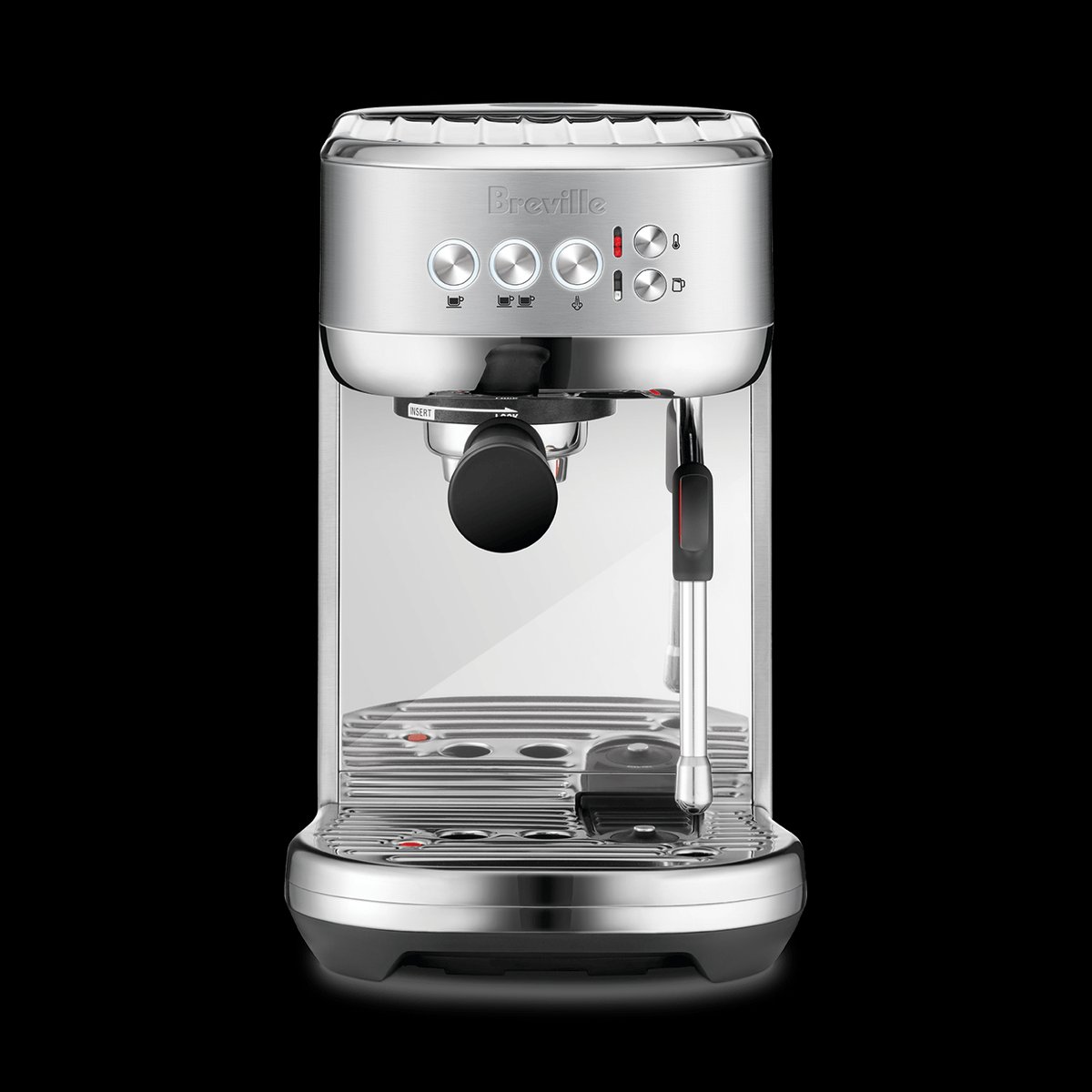 Breville Bambino Plus espresso machine in stainless steel finish, shown from the front-left angle with the 54mm portafilter locked in and the automatic steam wand positioned to the right.